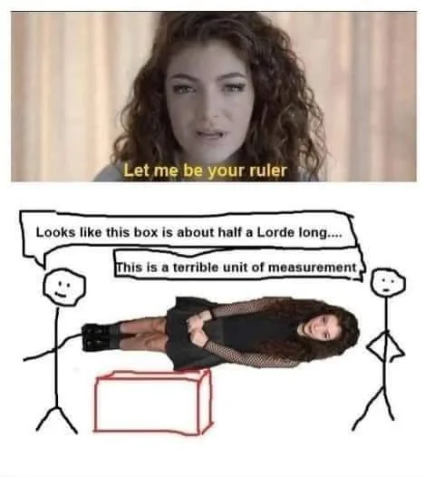 A woman with curly hair says, "Let me be your ruler." Below, a humorous cartoon shows two stick figures measuring a box with another woman lying on it, saying, "Looks like this box is about half a Lorde long..." The other responds, "This is a terrible unit of measurement.