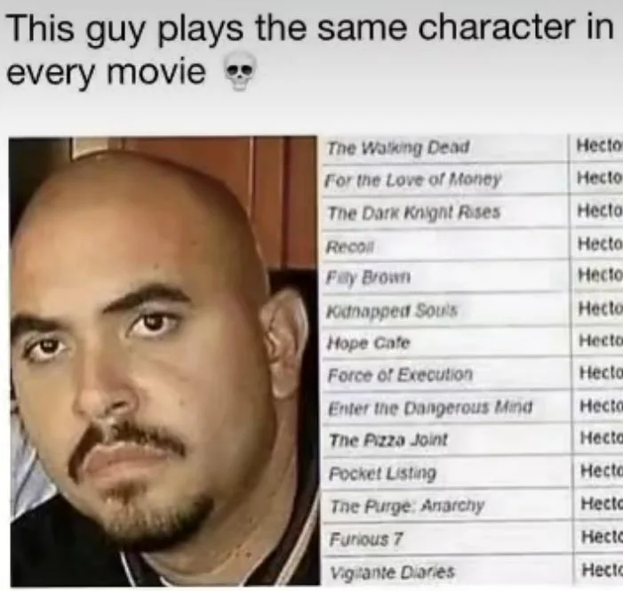 A man with a serious expression is in front of a list of movie and TV show titles, all showing "Hector" as the character's name. The image's caption says, "This guy plays the same character in every movie" with a skull emoji.