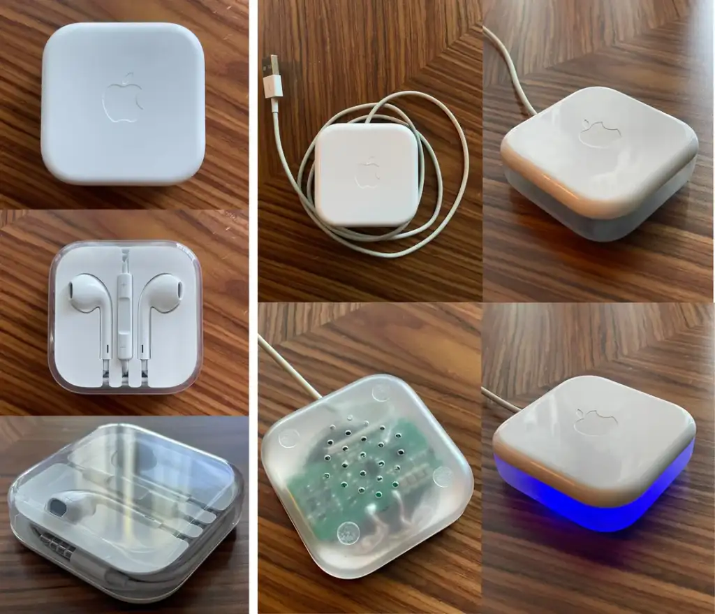 A collage showing six images of a square white Apple-branded accessory with a rounded, glossy design. It includes earbuds in a plastic case, a charging cable, and the device under soft blue lighting on a wood-patterned surface.