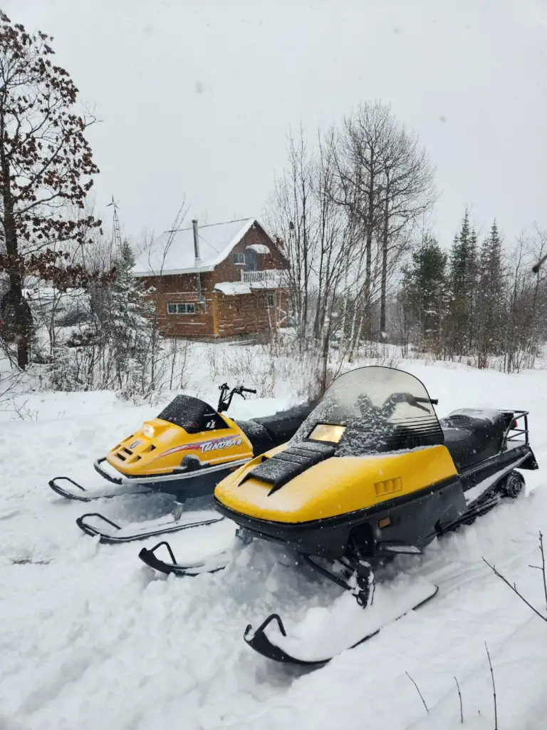 Two yellow snowmobiles are parked on a snowy landscape. A wooden cabin stands in the background surrounded by snow-covered trees. Snow is gently falling from a grey sky, creating a serene winter scene.