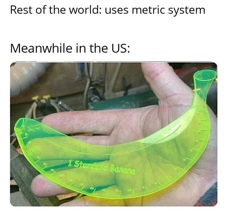 A transparent, banana-shaped measuring tool with "1 Standard Banana" labeled on it. The image humorously contrasts the metric system with a banana measurement.