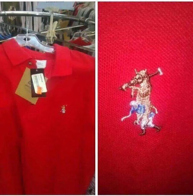 A red polo shirt is displayed, featuring a unique embroidery of a person on top of a goat. The shirt is hanging on a rack, and there's a close-up of the embroidered design on the right.