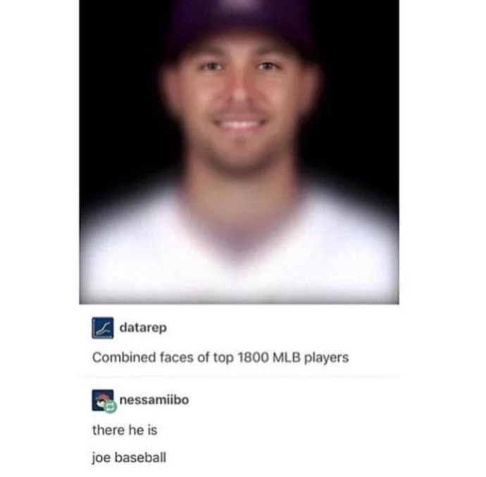 A blurry composite image of a man, labeled as the combined faces of the top 1800 MLB players. Below, a comment reads, "there he is, joe baseball.