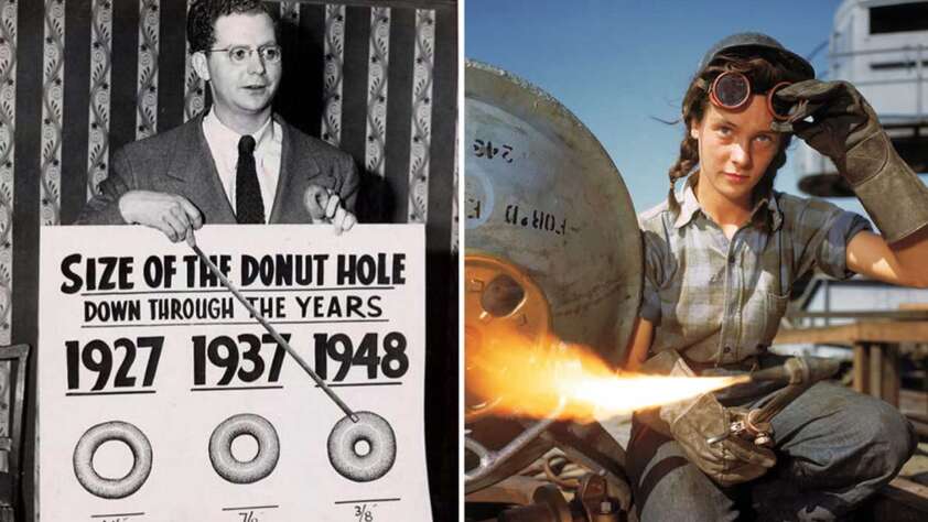 Two photos fro the 1940s: Left is a man pointing at a sign about the size of donut holes over the years and the right is a young woman welding