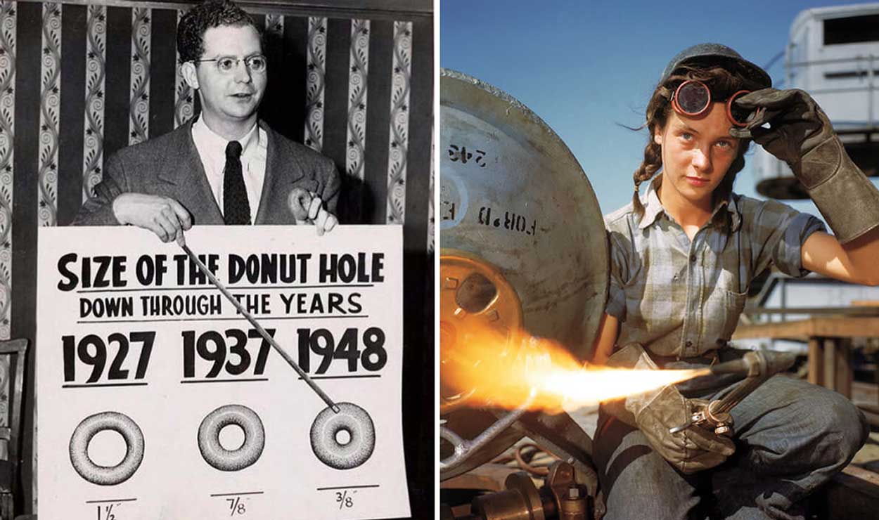 Two photos fro the 1940s: Left is a man pointing at a sign about the size of donut holes over the years and the right is a young woman welding