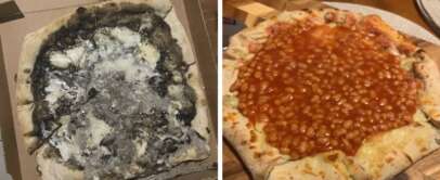 Left: A pizza with a blackened crust and toppings, including burnt cheese and olives, sits in a box. Right: Another pizza is topped with baked beans on a wooden surface. Both pizzas showcase uneven distribution of toppings.