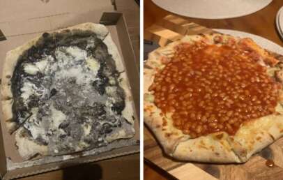 Left: A pizza with a blackened crust and toppings, including burnt cheese and olives, sits in a box. Right: Another pizza is topped with baked beans on a wooden surface. Both pizzas showcase uneven distribution of toppings.