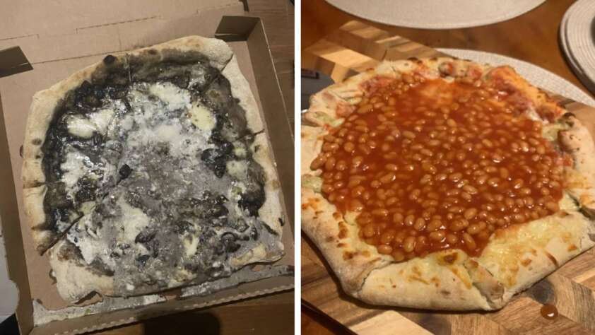 Left: A pizza with a blackened crust and toppings, including burnt cheese and olives, sits in a box. Right: Another pizza is topped with baked beans on a wooden surface. Both pizzas showcase uneven distribution of toppings.