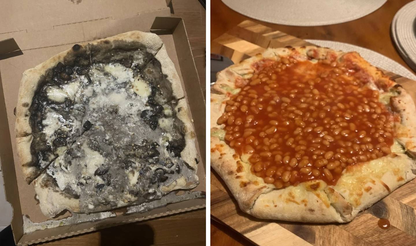 Left: A pizza with a blackened crust and toppings, including burnt cheese and olives, sits in a box. Right: Another pizza is topped with baked beans on a wooden surface. Both pizzas showcase uneven distribution of toppings.