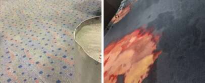 A split image reveals two distinct carpets that could easily be spotted in an airport: the left showcases a gray pattern with blue and red dots, while the right boasts a dark base with abstract orange and yellow splotches. Some edges and fixtures are partially visible, adding to the visual intrigue.