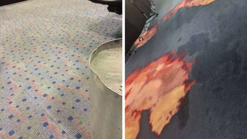 A split image reveals two distinct carpets that could easily be spotted in an airport: the left showcases a gray pattern with blue and red dots, while the right boasts a dark base with abstract orange and yellow splotches. Some edges and fixtures are partially visible, adding to the visual intrigue.