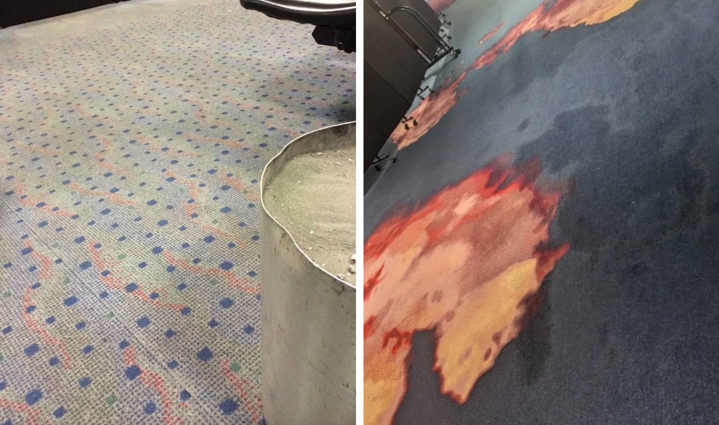 A split image reveals two distinct carpets that could easily be spotted in an airport: the left showcases a gray pattern with blue and red dots, while the right boasts a dark base with abstract orange and yellow splotches. Some edges and fixtures are partially visible, adding to the visual intrigue.