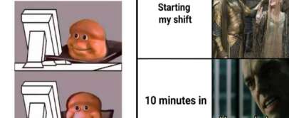 Meme with two panels: Left panel shows a nervous bread-faced figure at a computer with the text "When you gotta tell a retail customer their card is declined." Right panel: "Starting my shift" shows smiling elves, and "10 minutes in" shows a grim figure saying "Human beings are a disease.