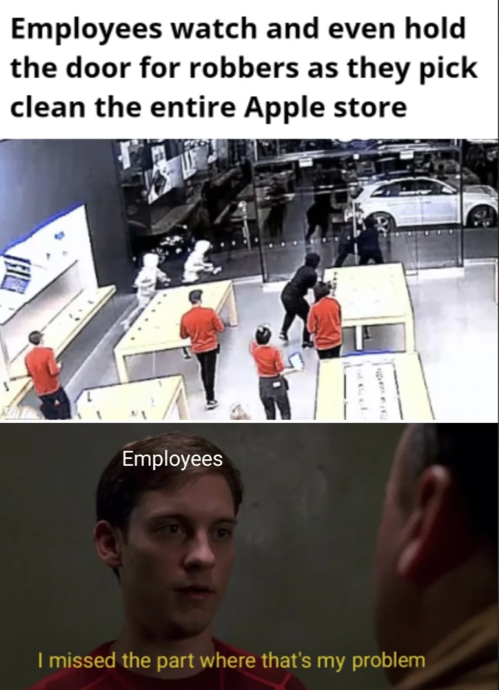 Top image: Surveillance footage shows people in red shirts standing by as others in dark clothing take items in an Apple store. Bottom image: A person labeled "Employees" says, "I missed the part where that's my problem.