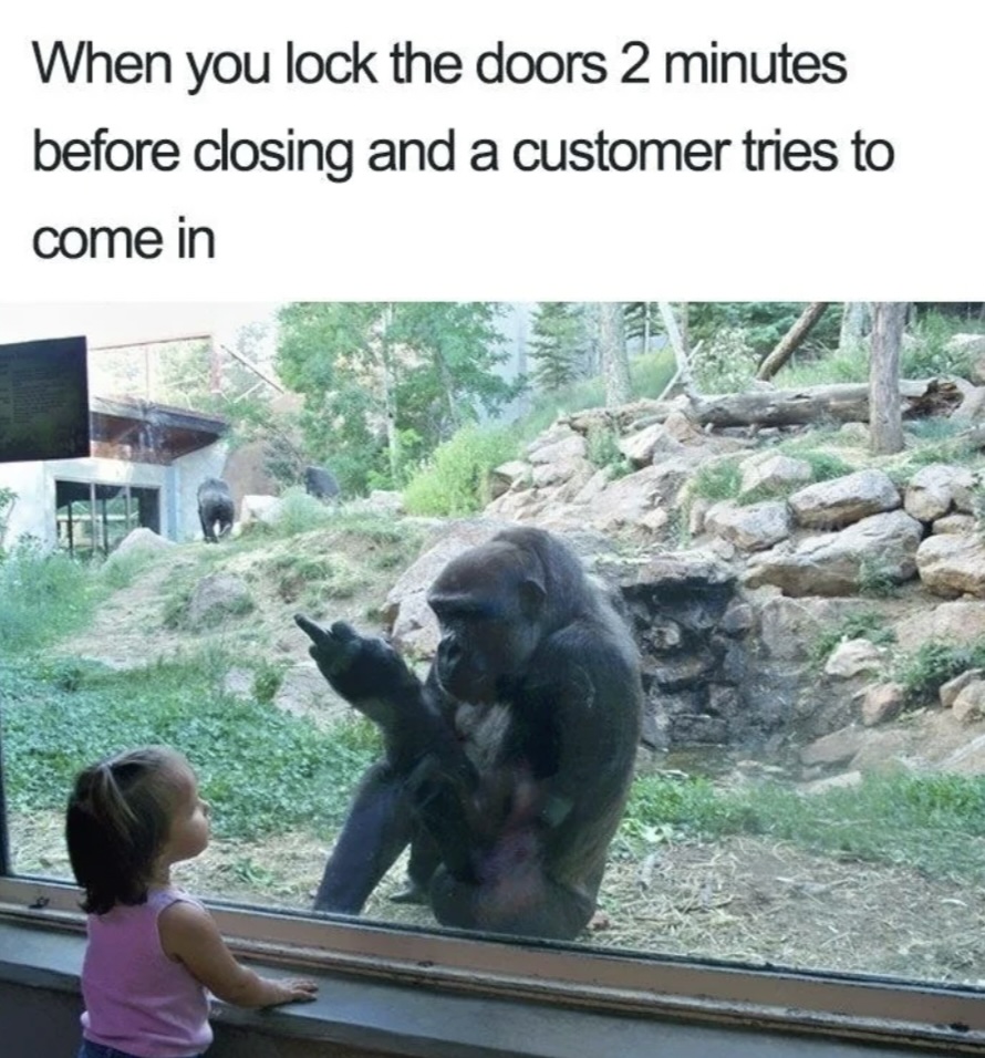 A young child looks through a glass enclosure at a gorilla making a hand gesture. The caption above reads, "When you lock the doors 2 minutes before closing and a customer tries to come in.