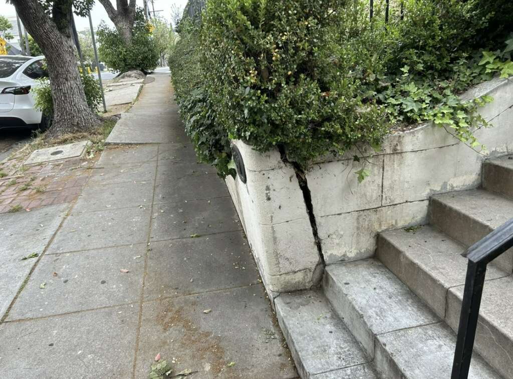 A cracked retaining wall next to a sidewalk and set of stairs, with overgrown bushes on top, suggests a need for structural assessments. A parked white car and a tree are visible on the left, along a street lined with greenery.