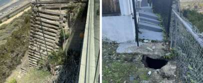 Left side: Eroded coastal cliff reveals structural fails beneath a wooden deck. Right side: Sidewalk beside a building showcases a large hole and cracked pavement, bordered by a chain-link fence, offering a distant city view.