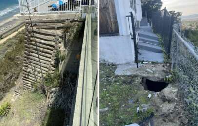 Left side: Eroded coastal cliff reveals structural fails beneath a wooden deck. Right side: Sidewalk beside a building showcases a large hole and cracked pavement, bordered by a chain-link fence, offering a distant city view.