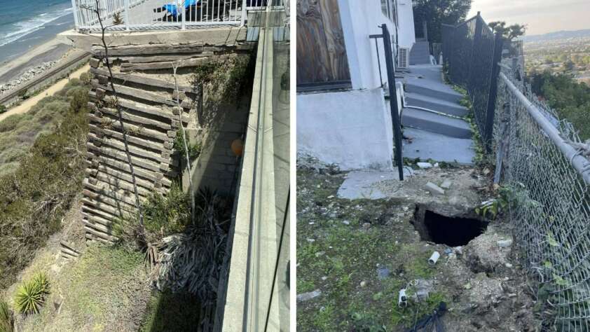 Left side: Eroded coastal cliff reveals structural fails beneath a wooden deck. Right side: Sidewalk beside a building showcases a large hole and cracked pavement, bordered by a chain-link fence, offering a distant city view.