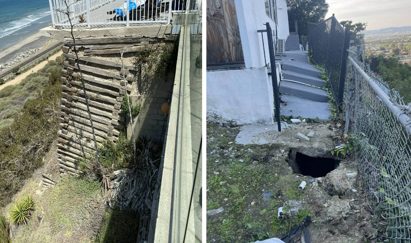 Left side: Eroded coastal cliff reveals structural fails beneath a wooden deck. Right side: Sidewalk beside a building showcases a large hole and cracked pavement, bordered by a chain-link fence, offering a distant city view.