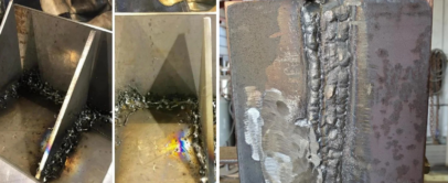 A collage of four images shows uneven and messy welding on metal plates. The first image highlights the welding test, while the other three show close-ups of the welds with spattered and inconsistent workmanship. A caption mentions failing a weld test.