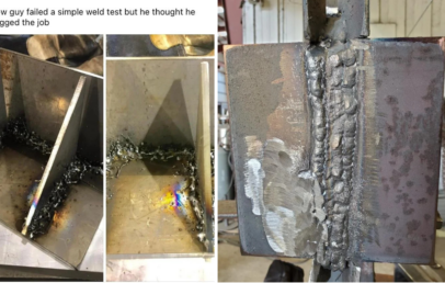 A collage of four images shows uneven and messy welding on metal plates. The first image highlights the welding test, while the other three show close-ups of the welds with spattered and inconsistent workmanship. A caption mentions failing a weld test.