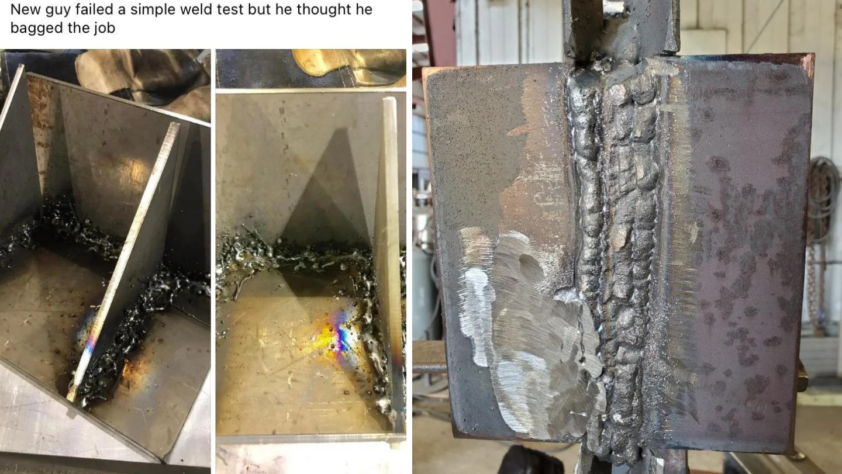 A collage of four images shows uneven and messy welding on metal plates. The first image highlights the welding test, while the other three show close-ups of the welds with spattered and inconsistent workmanship. A caption mentions failing a weld test.