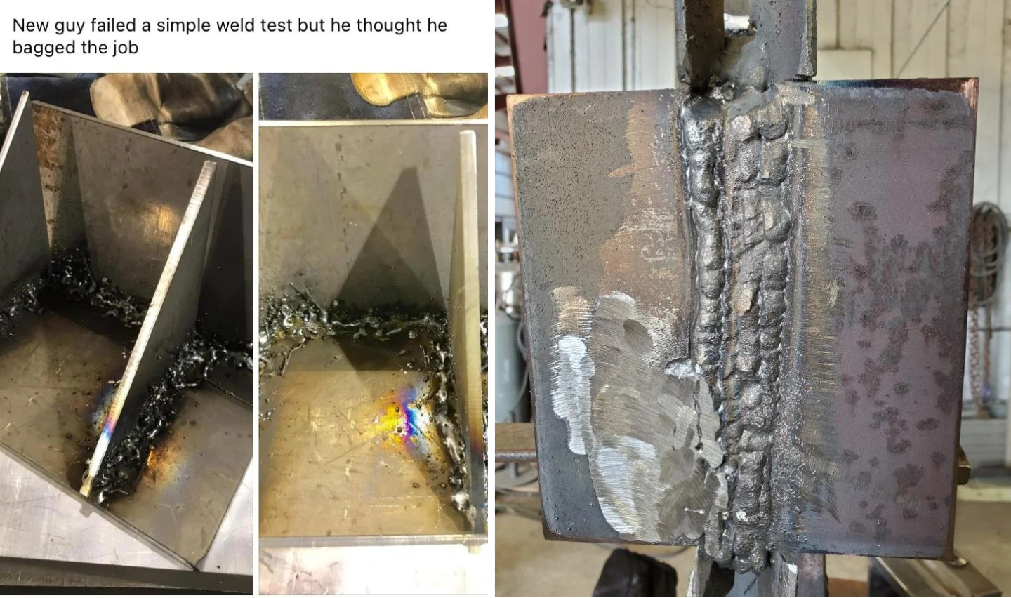 A collage of four images shows uneven and messy welding on metal plates. The first image highlights the welding test, while the other three show close-ups of the welds with spattered and inconsistent workmanship. A caption mentions failing a weld test.