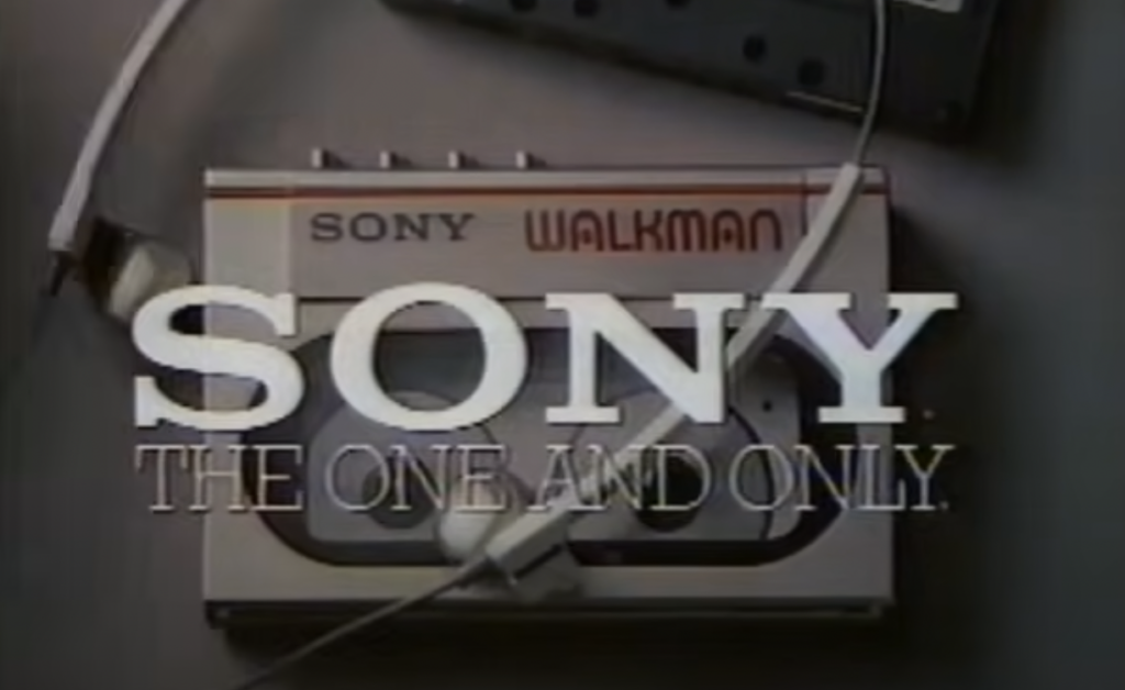 A vintage Sony Walkman with attached headphones is shown. The text "SONY THE ONE AND ONLY" is overlaid on the image.