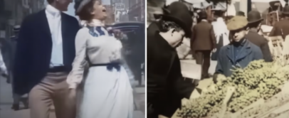 On the left, a couple in vintage attire walks joyfully on a city street. On the right, a bustling marketplace shows people examining fruits at a vendor's stall, with various produce like grapes and apples on display.