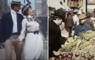 On the left, a couple in vintage attire walks joyfully on a city street. On the right, a bustling marketplace shows people examining fruits at a vendor's stall, with various produce like grapes and apples on display.