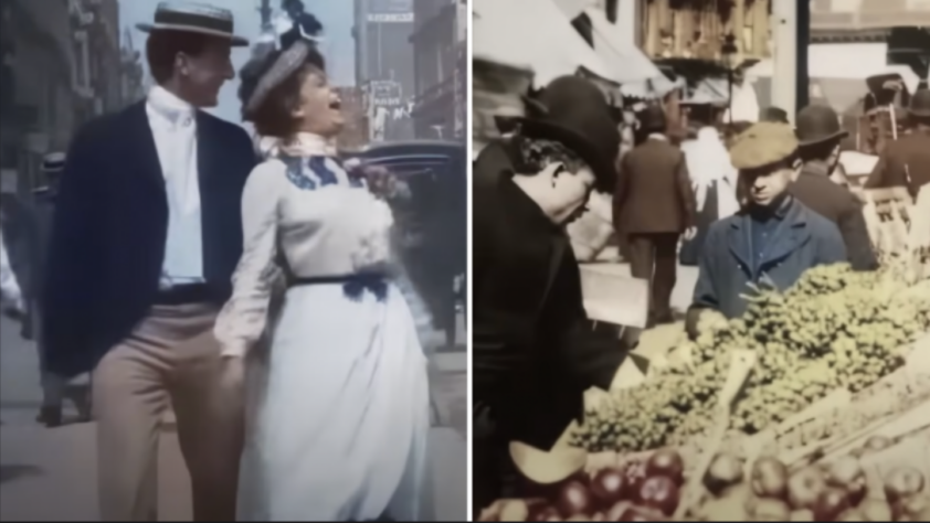 On the left, a couple in vintage attire walks joyfully on a city street. On the right, a bustling marketplace shows people examining fruits at a vendor's stall, with various produce like grapes and apples on display.