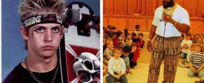 Left image: A young man with spiky hair, wearing a Scorpions headband, a black shirt, holding a skateboard. Right image: A man in colorful pants and a white shirt speaking to a group of seated children in a gymnasium.