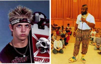 Left image: A young man with spiky hair, wearing a Scorpions headband, a black shirt, holding a skateboard. Right image: A man in colorful pants and a white shirt speaking to a group of seated children in a gymnasium.