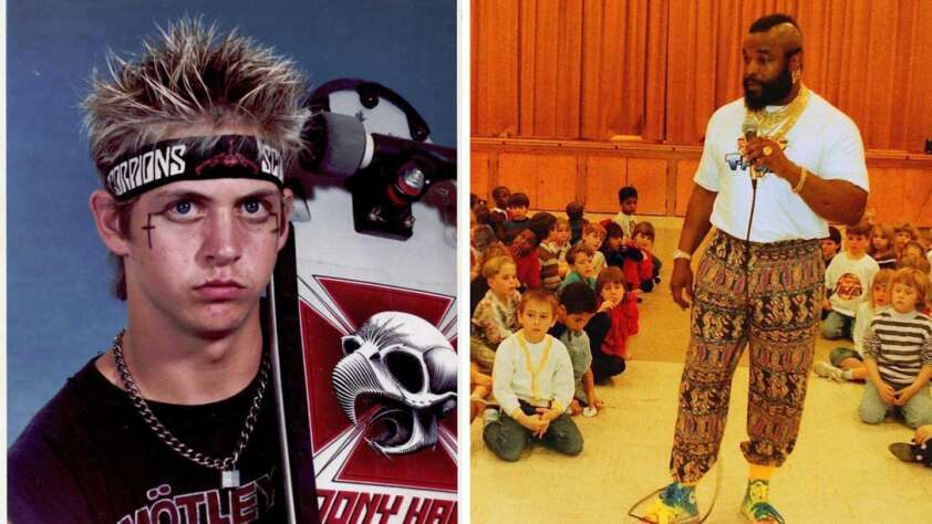 Left image: A young man with spiky hair, wearing a Scorpions headband, a black shirt, holding a skateboard. Right image: A man in colorful pants and a white shirt speaking to a group of seated children in a gymnasium.