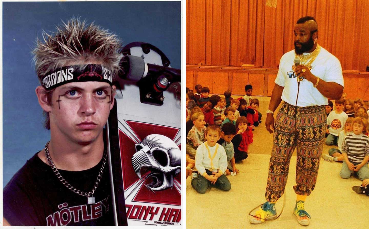 Left image: A young man with spiky hair, wearing a Scorpions headband, a black shirt, holding a skateboard. Right image: A man in colorful pants and a white shirt speaking to a group of seated children in a gymnasium.