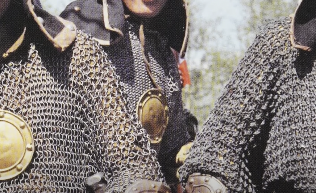 A person wearing medieval chainmail armor with metal plates is shown from the shoulders up. The person is outdoors, and the background is blurred, suggesting a forest or natural setting.