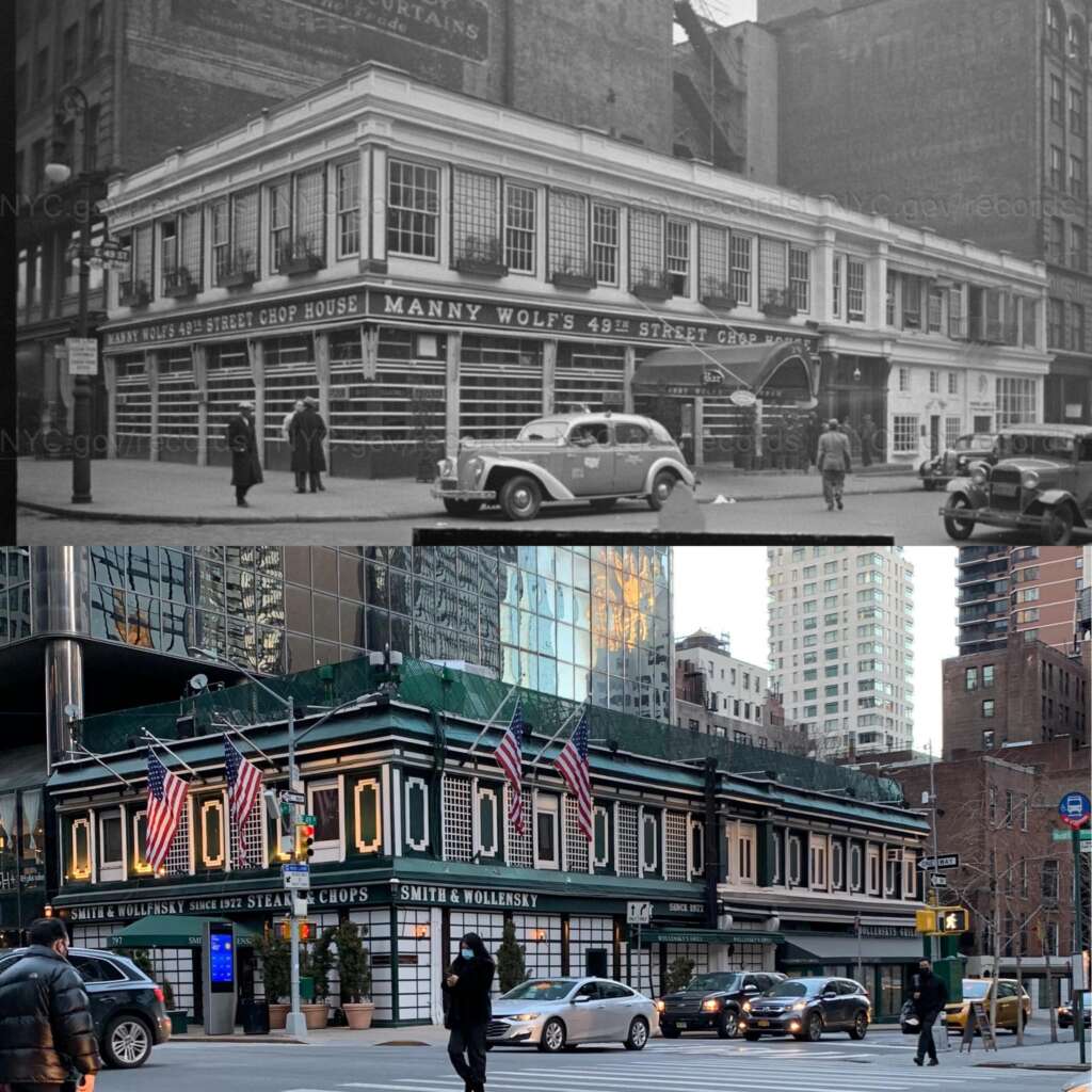 Split image of the same building. Top: Vintage photo of Manny Wolf's Chop House with old cars in front. Bottom: Modern photo of the same building now housing Smith & Wollensky, featuring American flags and modern cars.