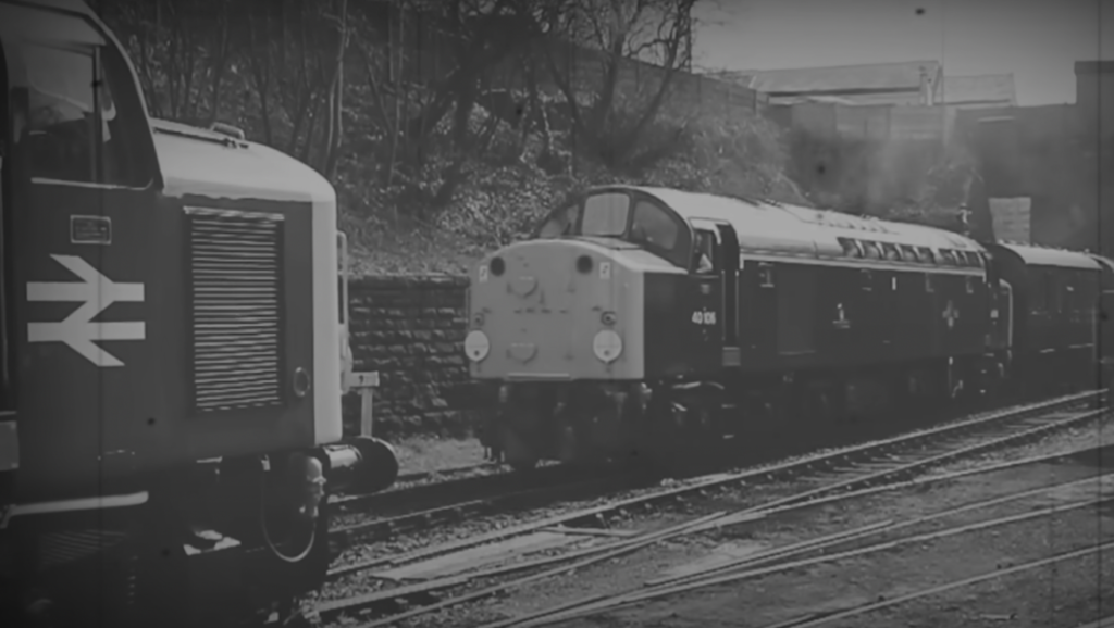 A black-and-white photograph depicts two vintage diesel locomotives on parallel tracks. The foreground engine features a large British Railways logo, while the background train has a rounded front and visible engine number. Leafless trees line the tracks.