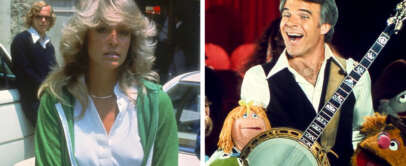 Left: A woman with blond hair wearing a green jacket stands outside. Right: A man smiling, wearing a black vest and white shirt, holds a banjo with colorful puppets around him.