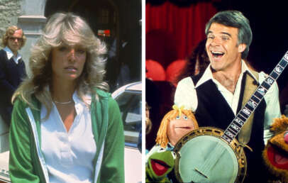 Left: A woman with blond hair wearing a green jacket stands outside. Right: A man smiling, wearing a black vest and white shirt, holds a banjo with colorful puppets around him.