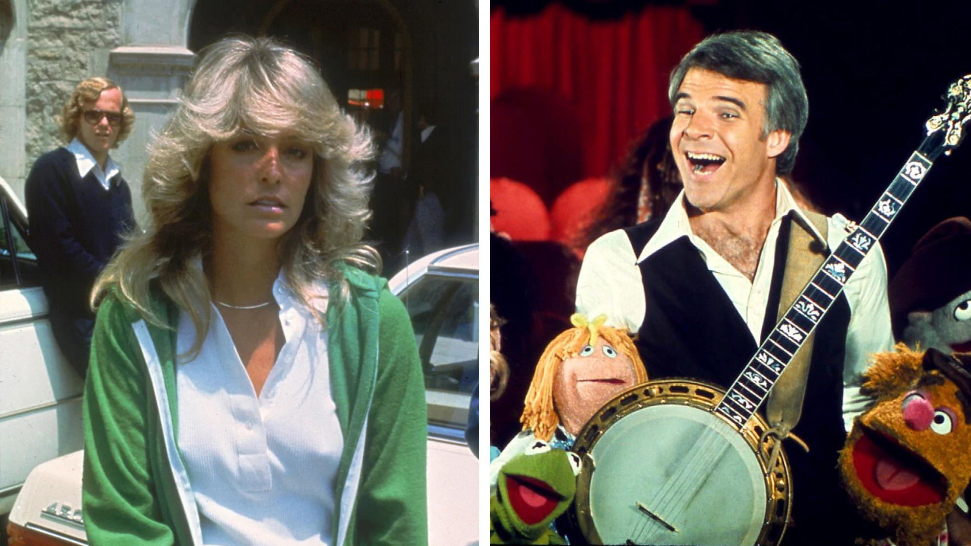 Left: A woman with blond hair wearing a green jacket stands outside. Right: A man smiling, wearing a black vest and white shirt, holds a banjo with colorful puppets around him.