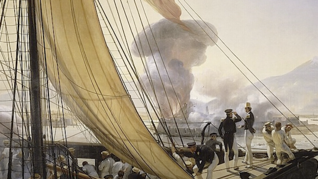 Sailors on a ship observe a distant explosion with smoke rising into the sky. The deck is bustling with activity, and the sails are partially raised. The sea and another ship can be seen in the background.