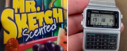 The image features a box of Mr. Sketch Scented markers on the left, displaying colorful illustrations of fruits. On the right, a hand holds a silver Casio digital watch showing the date and time.