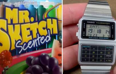 The image features a box of Mr. Sketch Scented markers on the left, displaying colorful illustrations of fruits. On the right, a hand holds a silver Casio digital watch showing the date and time.