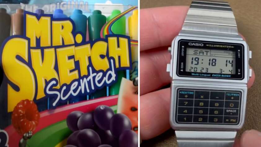 The image features a box of Mr. Sketch Scented markers on the left, displaying colorful illustrations of fruits. On the right, a hand holds a silver Casio digital watch showing the date and time.