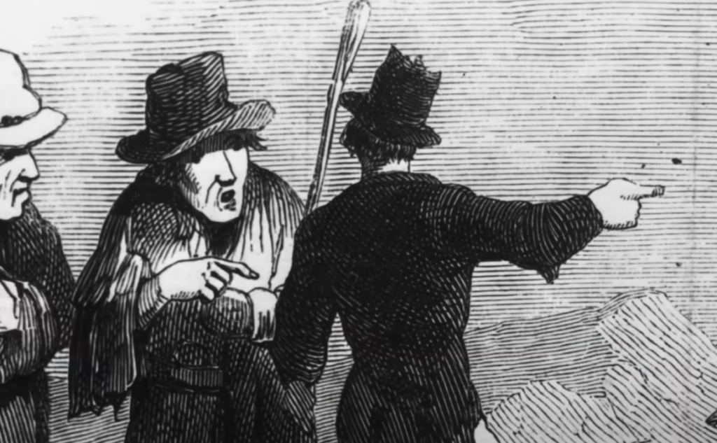 A black-and-white illustration depicts three individuals in 19th-century attire. Two face left with expressive gestures, while one points right with a stick. All wear hats, and the background shows indistinct shapes.