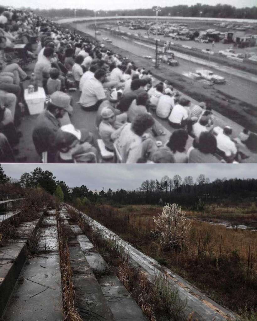 Top image: A crowded racetrack filled with spectators watching cars race. Bottom image: The same racetrack, now abandoned and overgrown with weeds and vegetation, with empty stands and a lone blossoming tree.