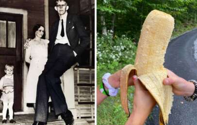 Left side: A tall man in a suit stands next to a woman and a child indoors. Right side: Two hands hold a large, peeled banana on a path lined with trees.