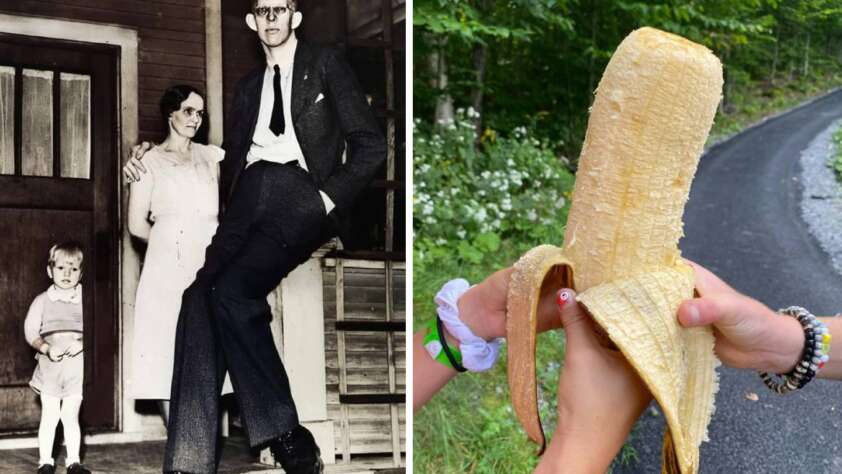 Left side: A tall man in a suit stands next to a woman and a child indoors. Right side: Two hands hold a large, peeled banana on a path lined with trees.